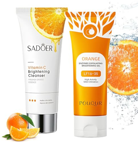 Natürliches Orange Peeling Gel 100g + Vitamin C Gesichtsreiniger 100g | Gentle Exfoliating & Tiefenreinigung | Orange Gesicht Reinigung Peeling & Vitamin C Face Wash für Strahlende, Reine Haut