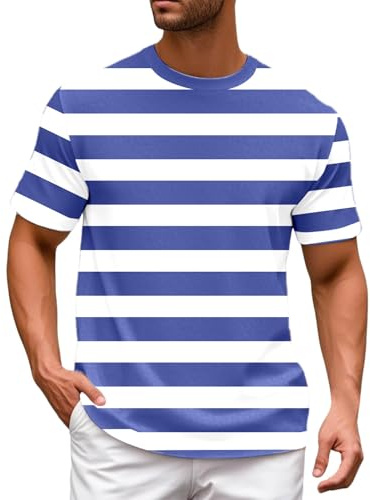 Camisetas Hombre Europeo Bloque de Color Camiseta con Rayas Marino y Patrón Marinero Hombre Casual Holgado Cómodo Moda Verano Playa Cuello Redondo Manga Corta