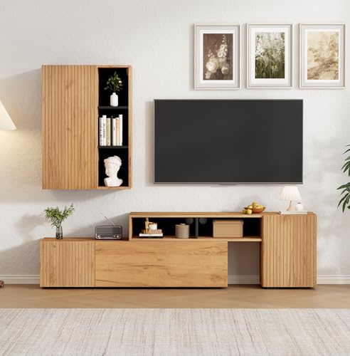 BENMWS Set da parete per TV con vetrina (set completo, 2 pezzi), supporto da parete incluso, set da TV e scaffale, in piedi e sospeso (colore legno + nero 1)