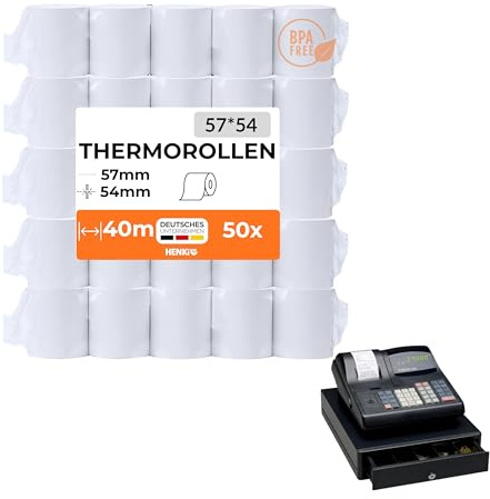 Extra Lang 57 x 54 mm x 40 Meter Thermopapier Kassenrollen Premium für Registrierkasse, Kassensystem, Schubladenkasse geeignet für Sam4s, Sharp und Casio (50)