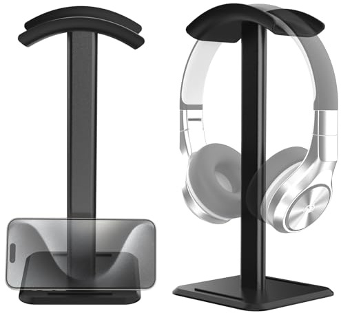 GeeRic Supporto per Cuffie Supporto per Cuffie da Gioco con Base Porta Telefono Lega di Alluminio Durevole Robusto Leggero Scrivania Supporti Universali per Cuffi Over Ear/Wireless Nero