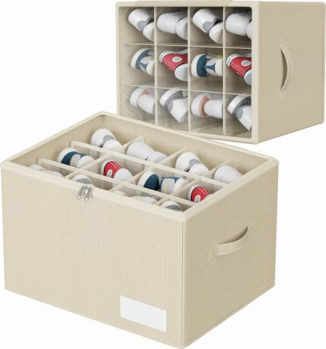 WANGIRL Organizador Zapatos Armario, Caben 12 Pares, Cajas Almacenaje Zapatos Plegable, Organizador de Zapatos con Tapa Transparente, Soporte Inferior y Asas Reforzadas - Beige