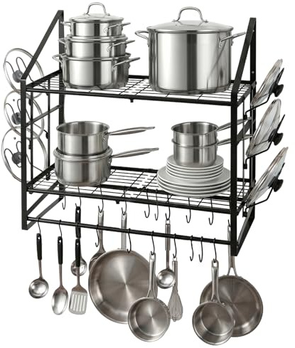 TOQUE Extra Long Wall Mounted Pot Rack 93.5cm (36.8), 2 Tier Pan Organiser with 20 Movable Hooks and 6 Pan Lid Holders, Heavy Duty Steel Kitchen Shelves for Pots and Pans, Saucepan Storage Rack