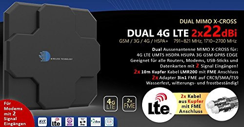 Antenna esterna 4G LTE UMTS HSDPA 3G GSM DUAL MIMO X-CROSS con 2 guadagni da 22 dBi, per Vodafone, o2, T-Mobile, Huawei, eplus Notebook Cards e tutti i modem 4G e 3G, router, chiavette USB e schede