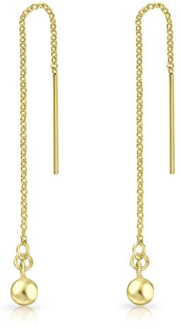 DTPsilver® Boucles d'oreilles Pendantes à Chaîne en Argent Fin 925 Plaqué Or Jaune avec Boule - Longueur 73 mm - Diamètre Boule: 4 mm