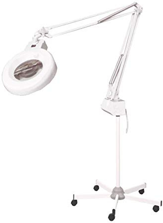 Lampara Flexo-lupa profesional con luz fluorescente 5x. Pie metalico 5 brazos con ruedas Gran estabilidad