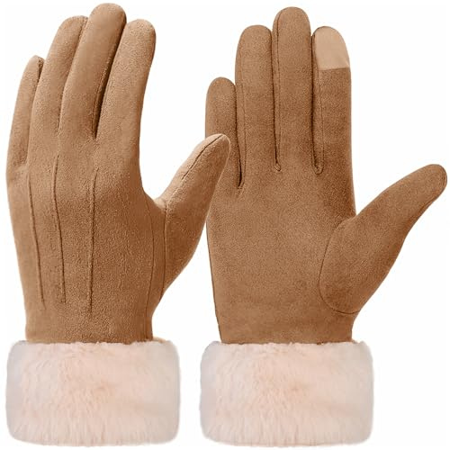 Vagasi Guanti da Donna Caldi antivento invernali touchscreen, Guanti caldi da donna con polsini in pelliccia, per la guida, Natale
