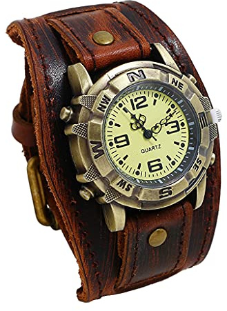 F Fityle Montre Bracelet Manchette Design Rétro Hybride en Cuir Bracelet Montre pour Homme Bracelet Montre Bande Punk, Vintage, Bracelet - Marron foncé