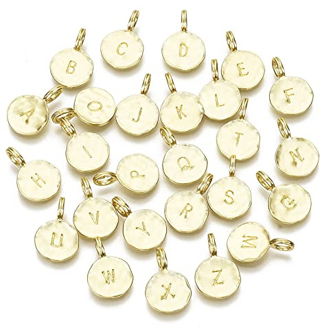 BEEFLYING Ciondoli dell'alfabeto con Lettere Dorate Rotonde e Piatte, 26 Pendenti in Lega placcata Oro, per la creazione di Gioielli, Forniture Artigianali