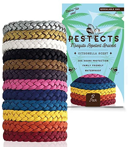 Pestects Mosquito Repellent Bracelet 12 Pack, Adjustable Leather Deet-Free Natural Insect Mosquito Bands for Adults & Kids, 300 Hour Insect Repellent Protection