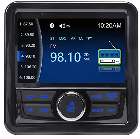Ljudsystem marin mätningsmottagare – väderbeständig, 4 tums skärm, inbyggd förstärkare, Bluetooth, digital media, MP3-spelare, ingen CD-spelare, USB-port, AM/FM-radio