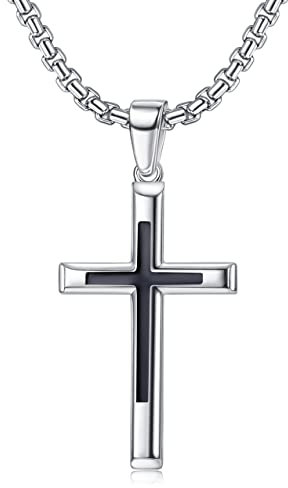 JeweBella Collier Croix Chrétienne Homme Femme Pendentif Croix Noire en Argent 925 avec 3MM Large Acier Inoxydable Vénitienne Chaîne Argent Homme Femme 61cm Bijoux Cadeau