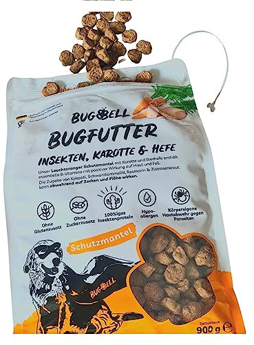 BugBell 900g Premium Trockenfutter Insekt, Schwarzkümmelöl, Kokosöl, Zistrosenkraut & Rosmarinpulver schützen natürlich vor Zecken & Flöhen, Karotte & Hefe wirken positiv auf Haut & Fell