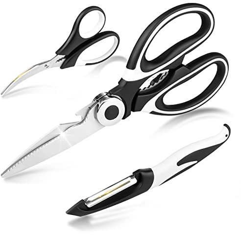 Fousenuk 3 pezzi Forbici da Cucina, Forbice da Cucina Professionali in Acciaio Inox con Apribottiglia e Schiaccianoci, Trinciapollo per Carne, Verdura, Pollo, Ossa, Pizza(Bianco e Nero)
