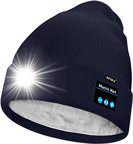 ATNKE Unisex LED Bluetooth Gorro con Luz,USB Recargable 4 LED Música Altavoz Gorra para Correr Brillante Cálido Vellón Forro Punto Gorro Regalos para Hombre y Mujer/Navy Blue