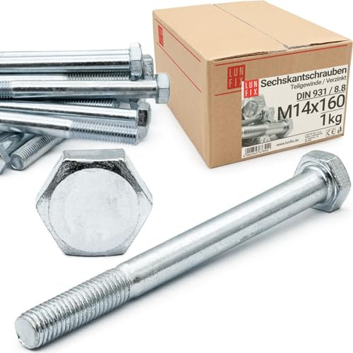 Tornillos cabeza hexagonal m14 x 160 DIN 931 8.8, acero galvanizado rosca parcial, pernos métricos para construcción, maquinaria, automoción y bricolaje, alta resistencia 1 kg (≈ 4 uds.), Lun Fix