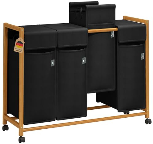 AdelDream Wäschekorb 200L – Bambus Wäschesortierer mit 4 Fächern, abnehmbarer & atmungsaktiver Wäschesack, Wäschebox für Schmutzwäsche & Aufbewahrung im Badezimmer, Waschküche & Schlafzimmer, Schwarz