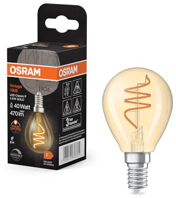 OSRAM Vintage 1906 Classic es una regulable de color blanco cálido en forma de miniesfera con filamento en espiral. Ofrece 4,9 W para 470 lm, casquillo E14, cristal dorado, 45 mm de diámetro, 2200 K.