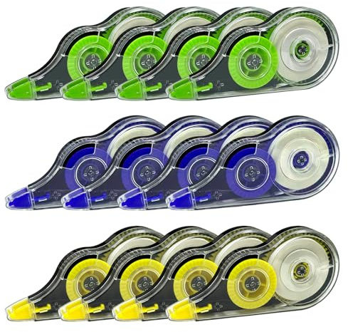 XIAQICA 12 Pièces Rubans Correcteurs 12M x 5 mm Mini Souris Correcteur Blanc avec Capuchon Ruban Correcteur Roller de Correction Correction Tape pour Fourniture Scolaire(Jaune, Vert, Bleu)