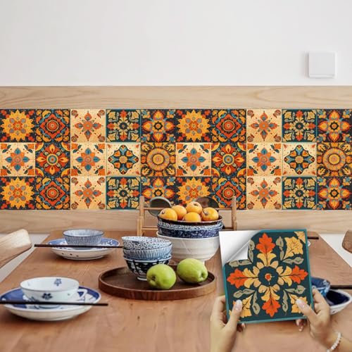 Tile Stickers Red Mandala Stick on Tiles PVC Peel and Stick Tiles Kitchen Waterproof Bathroom Decor Kitchen Tile Stickers Oil Proof DIY Self Adhesive Wall Tiles10 PC(15x15cm)