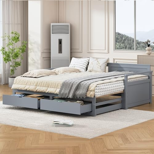 Huayz Cama de día multifuncional dos en uno con cama de pino, cajones y cama nido (gris)