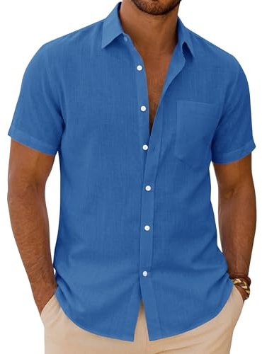siliteelon Mens Linen Shirts Short Sleeve Summer Shirt Regular Fit Casual Cotton Holiday Beach Tops with Pocket Denim Blue M