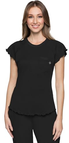 Med Couture Womens Scrub Top Short Sleeve Knit Medical Uniform T-Shirt with Chest Pocket Lettuce Edge - MC706, XL, Black