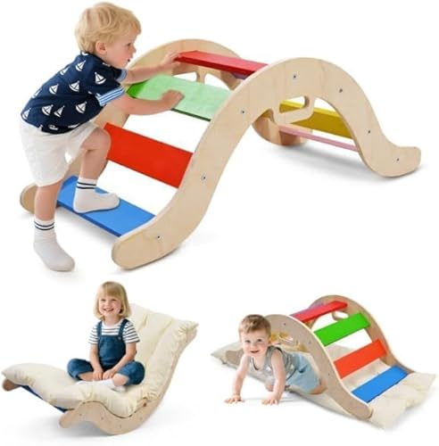 2-in-1 Toddler Climbing Frame,Natural Wood Non-Slip Foot Mat Arch with Armrests Wooden Cushion Enhancing Children's Cognitive Abilities Indoor Montessori for Babies 1-6 Years Old