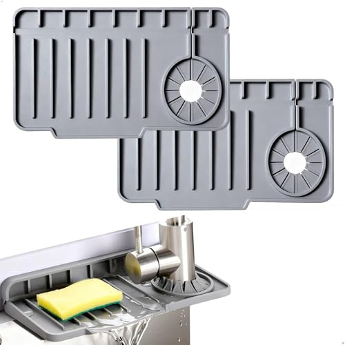 gexuamz Protector Grifo Cocina, 2 Unidades Alfombrilla Fregadero Silicona, Drenaje Pendiente Pronunciada, Protector Encimera para Autocaravana, Baño, Bar, Diseño Plegable de 90°, Gris