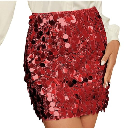 Faldas De Carnaval Minifaldas Lentejuelas Falda para Mujer Dresses Party Campana Faldas Vintage Ajustadas Falda Carnaval Corta Dress Elegante para Espectáculos De Lentejuelas Rojo XL