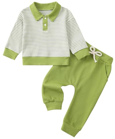 LUVCES Conjunto Ropa para Bebé Niño Pequeño Manga Larga con Cuello a Rayas Sudadera y Pantalones 2 Piezas Chándal Traje para Primavera Otoño Rayas verdes 6-12 Meses