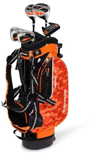 Benross Junior Aero Golf - Juego de palos de golf para niños de 5 a 7 años, juego de palos de golf para niños con bolsa de soporte ligera, ejes de grafito y fundas para la cabeza, color naranja