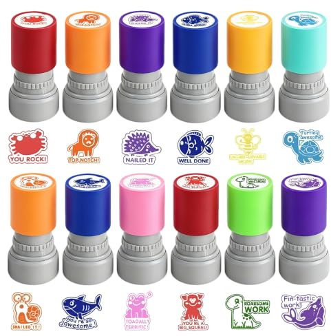 12PCS Teacher Stamps Set, Teachers Self-Inking Rubber Stamps, Colourful Review Stamp for Grading Homework Test Motivation, Classroom Incentive Rewards, Teachers Supplies Gifts
