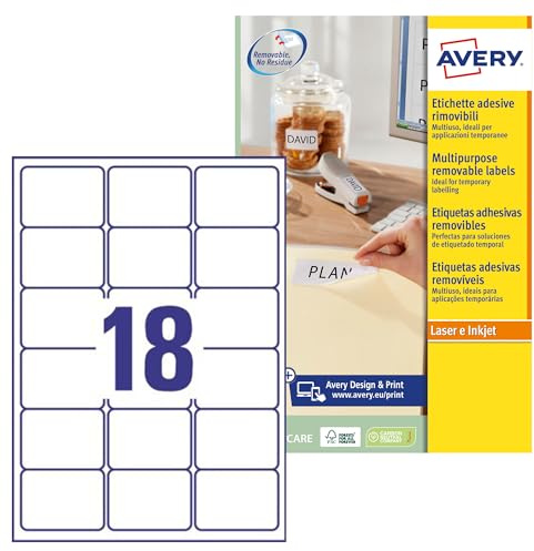 AVERY - Pochette de 450 étiquettes autocollantes et amovibles, Personnalisables et imprimables, Format 63,5 x 46,6 mm, Impression laser / jet d'encre, (L6025REV-25)
