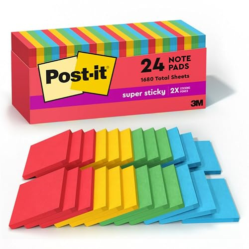 Post-it Super Sticky Notes, 3 x 3 in, Playful Primaries, 24 Pads