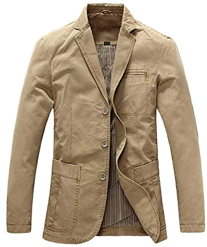 chouyatou Men's Casual Three-Button Stripe Lined Cotton Twill Suit Jacket (XX-Large, Khaki)