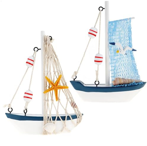 com-four® Nave decorativa marittima in legno - barca da pesca con rete da pesca e conchiglie - nave in legno per la decorazione - barca a vela nautica (02 pezzi - barca da pesca 13cm)