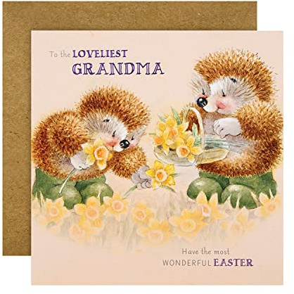 Hallmark Easter Card for Grandma, Cute Easter Card, Country Companions, Hedgehogs & Daffodils, Brown, Yellow, Green