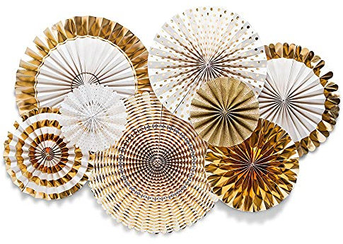 Cytecedx Set of 8 Gold Paper Fans Hanging Paper Flowers Wall Decor for Party Wedding Birthday Christmas Event
