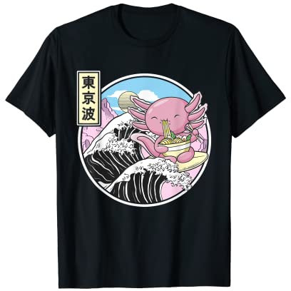 Axolotl Manger Ramen Kanagawa Wave Anime Vaporwave Kawaii T-Shirt