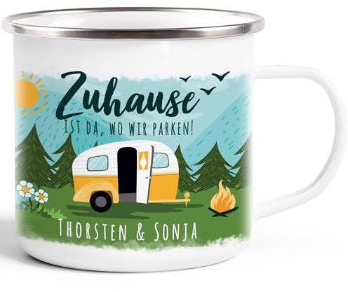 SpecialMe® Emailletasse personalisiert mit Namen Zuhause ist da wo wir parken Wohnwagen Camping Geschenke emaille-weiß-silber standard