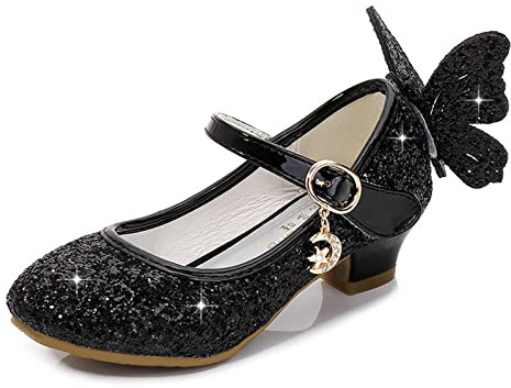 MACHSWON Chaussures Mary Jane à talons hauts pour filles - Escarpins pour fête de mariage - Chaussures habillées avec nœud scintillant pour enfants (noir, pointure 2)