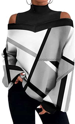 shownicer Maglia Maniche Lunghe Donna Taglie Forti Senza Spalline Magliette Bluse con Pizzo T-Shirt Tops Manica Lunga con Spalle Scoperte Maglietta Superiore Felpa A Bianco XL