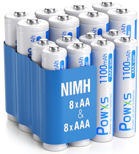 POWXS AA und AAA Akku Set - 16 Stück Wiederaufladbare Batterien, Super Hohe Kapazität 2800mAh Mignon AA x 8 & 1100mAh Micro AAA x 8 Akkus Kein Memory Effekt, Vorgeladen und Einsatzbereit Accu