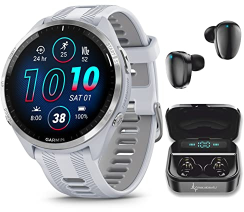 Wearable4U - Garmin Forerunner 965 Premium GPS Running and Triathlon 47mm Smartwatch with AMOLED Touchscreen Display, Titanium Bezel with Whitestone Silicone Band with Black Earbuds Bundle