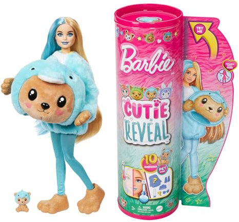 Barbie Cutie Reveal Puppe - 10 Überraschungen, Plüschtierfreunde, Outfits, Farbwechselspaß, Teddybär in Delfin-Plüschkostüm, Colorblock-Haare, Mini-Haustier, Fleece-Jacke, ab 3 Jahren, HRK25