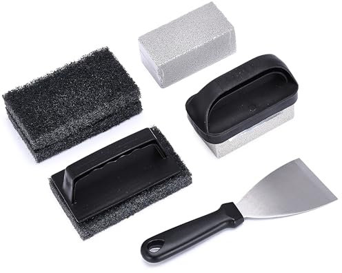 PURAVA Kit de nettoyage pour grille de barbecue – 1 grattoir en acier inoxydable, 3 éponges à récurer, 2 pierres ponces avec poignée – Nettoyant pour barbecue – Résistant à la chaleur et à la rouille