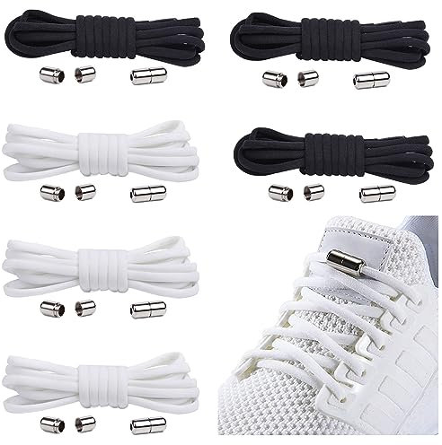 6 Paar Elastische Schnürsenkel mit Metallkapsel, Einstellbare Schnürsenkel Ohne Binden, Gummi Schuhbänder mit Kapseln, Gummischnürsenkel für Sneaker, Laufschuhe, Sporschuhe (Schwarz+Weiß)