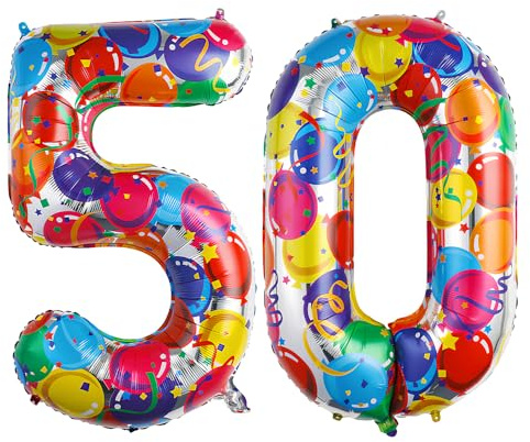Ponmoo 40 inches Foil Balloons Numbers 50 Multicolour (101cm), Inflatable Helium or Air, Giant Balloon Number 0-9, 10-29, 30-100, Grand Balloons for Anniversary Wedding Birthday Party Decoration