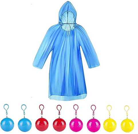 Disposable Rain Ponchos, 8 PCS Waterproof Plastic Ponchos in Keychain Ball | Rain Coats With Hood Emergency Rain Ponchos for Concerts Amusement Parks Camping Assorted Color